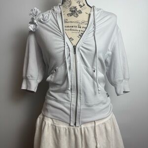 Elegant White Zip-Up Hoodie with Floral Accents